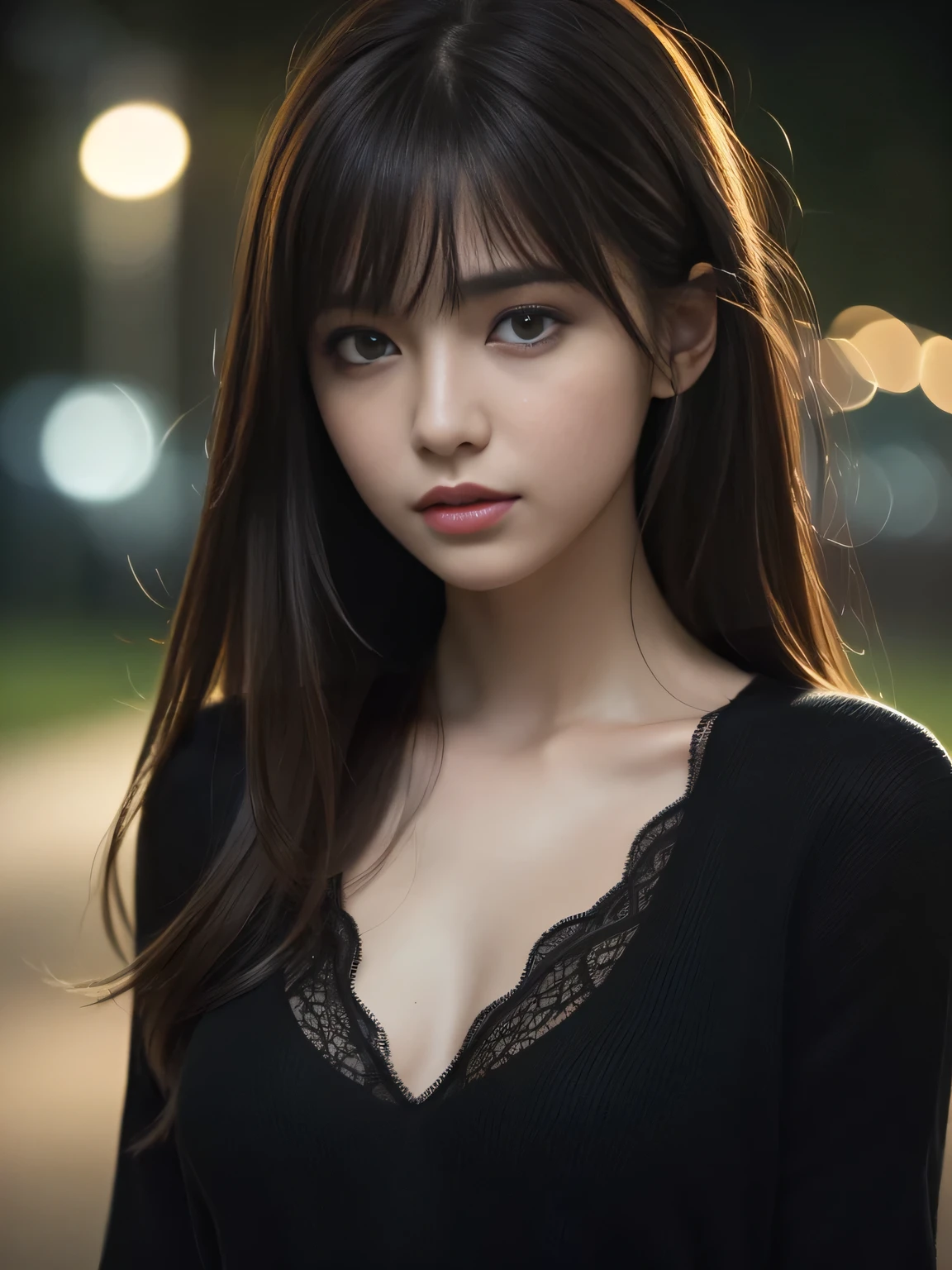 (Raw photo, Best Quality), (Realistic, Photorealsitic:1.4), masterpiece, extremely delicate and beautiful, Extremely detailed, 8k wallpaper, amazing, finely detail, extremely detailed CG Unity, hight resolution, (A dark park late at night), ((Dark background)), Sophisticated girl, black knit, loose clothes, hair messy, bangs, brown hair, modern, stylish, 
