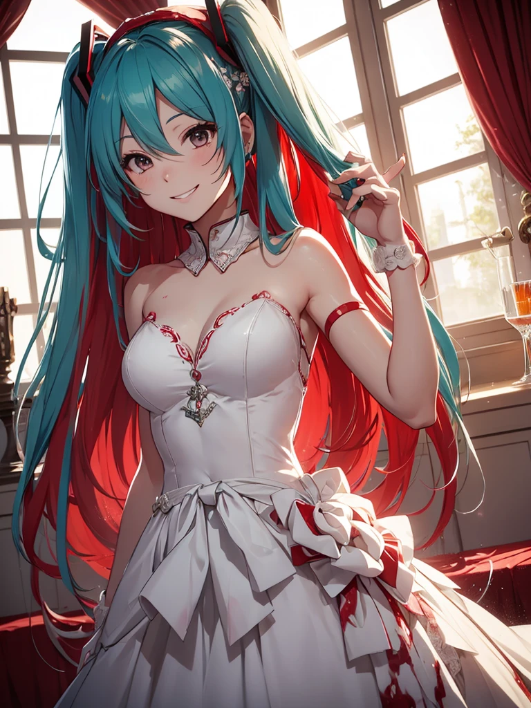 Hot hatsune miku, wedding dress, blood, red hair, black eyes, smiling