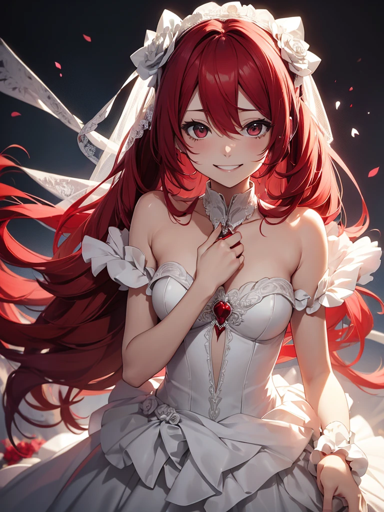 Hot hatsune miku, wedding dress, blood, red hair, black eyes, smiling