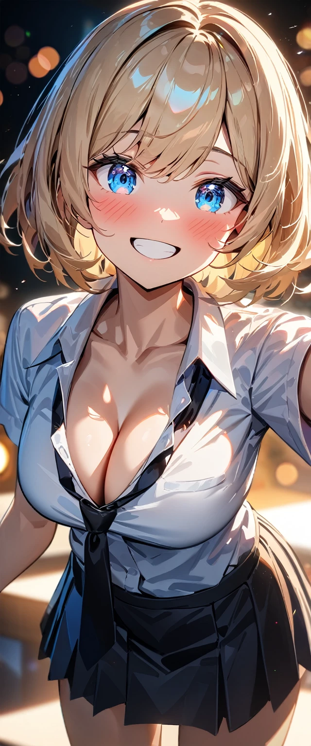 (((One girl))), blond hair, bob cut, (cowboy shot), (looking at viewer), face in focus, breasts, ager, head tilt:1.3, (((blue eye))), ((happy smile)), ((full face blush)), school summer uniform, white shirts, ((black tie)), black skirt, dynamic pose, ((cleavage)), anime style, (best quality, 4k, 8k, highres, masterpiece:1.2, ultra-detailed, ultra-detailed eyes, HDR, UHD, studio lighting, ultra-fine painting, sharp focus, physically-based rendering, extreme detail description, professional, vivid colors, bokeh)