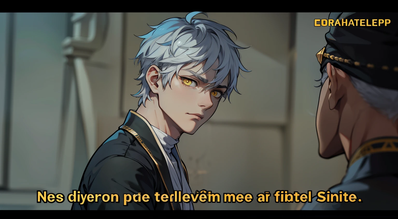 white hair yellow eyes black egyptian tunic he is listening to someone he is serious thoughtful