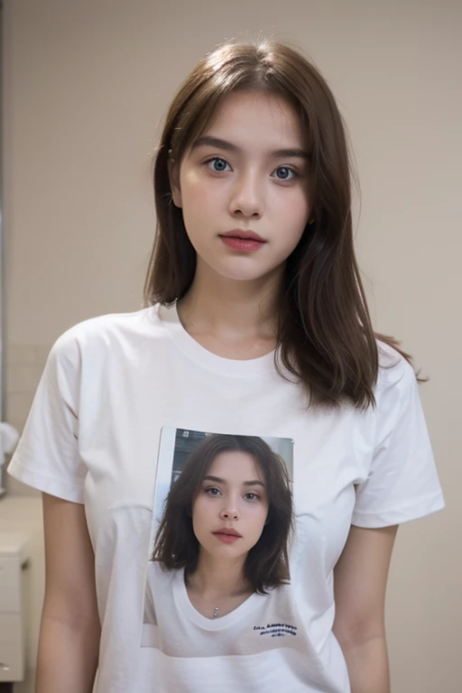 ((best quality)), ((masterpiece)), (detailed), a Rusian girl wearing blank black  t-shirt for mock up, photo portrait, white background 