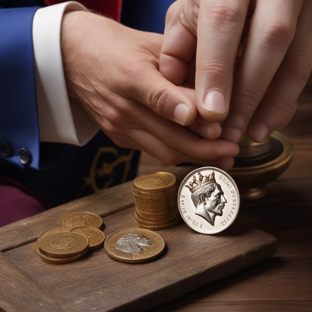 The king holds a coin with his image