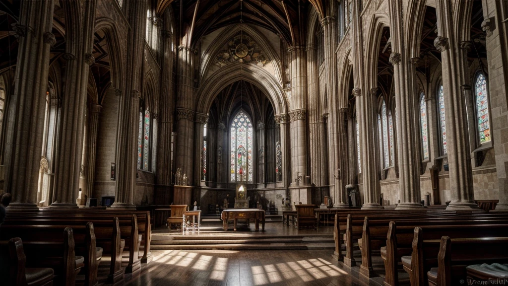 a peaceful cloister in the early 1920s, sunlight filtering through stained glass windows, ornate stone arches, rows of wooden pews, gray stone floors, (best quality,4k,8k,highres,masterpiece:1.2),ultra-detailed,(realistic,photorealistic,photo-realistic:1.37),catholic,medieval architecture,dramatic lighting,warm color tones,cinematic composition