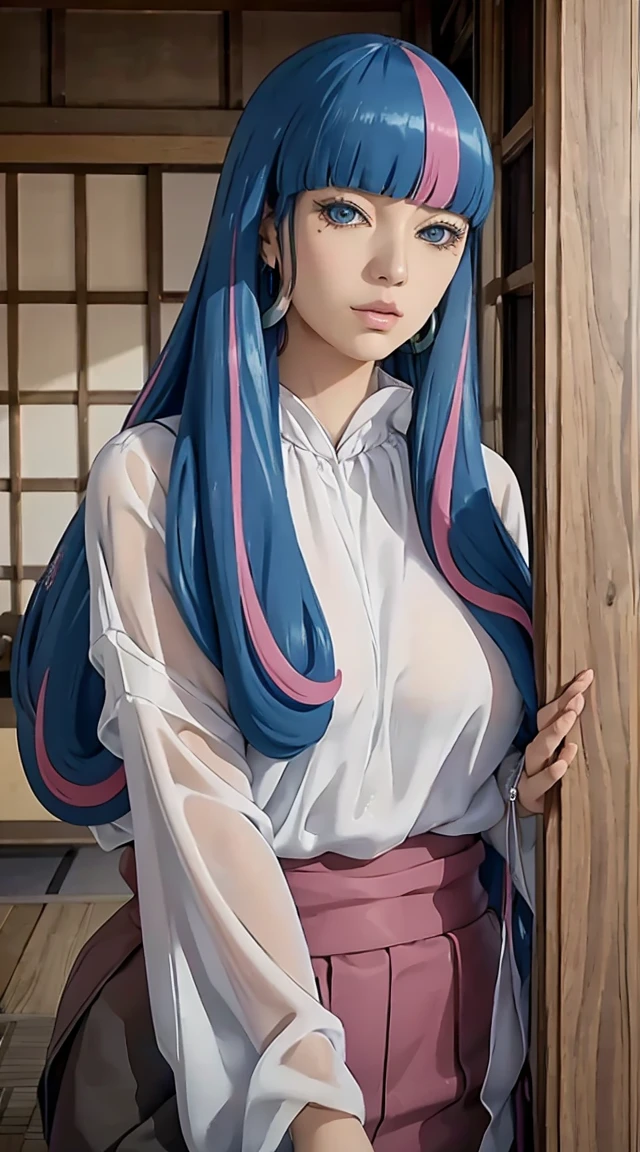 eida, long hair, bangs, blue eyes, very long hair, blue hair, pink hair, multicolored hair, earrings, blunt bangs, two-tone hair, streaked hair, beautiful, beautiful woman, perfect body, perfect breasts, wearing a kimono, showing shoulders, wearing earrings, wearing a watch, being in the garden, cherry trees, traditional Japanese house, looking at the viewer, a slight smile, realism, masterpiece, textured leather, super detailed, high detail, high quality, best quality, 1080p, 16k, showing shoulder