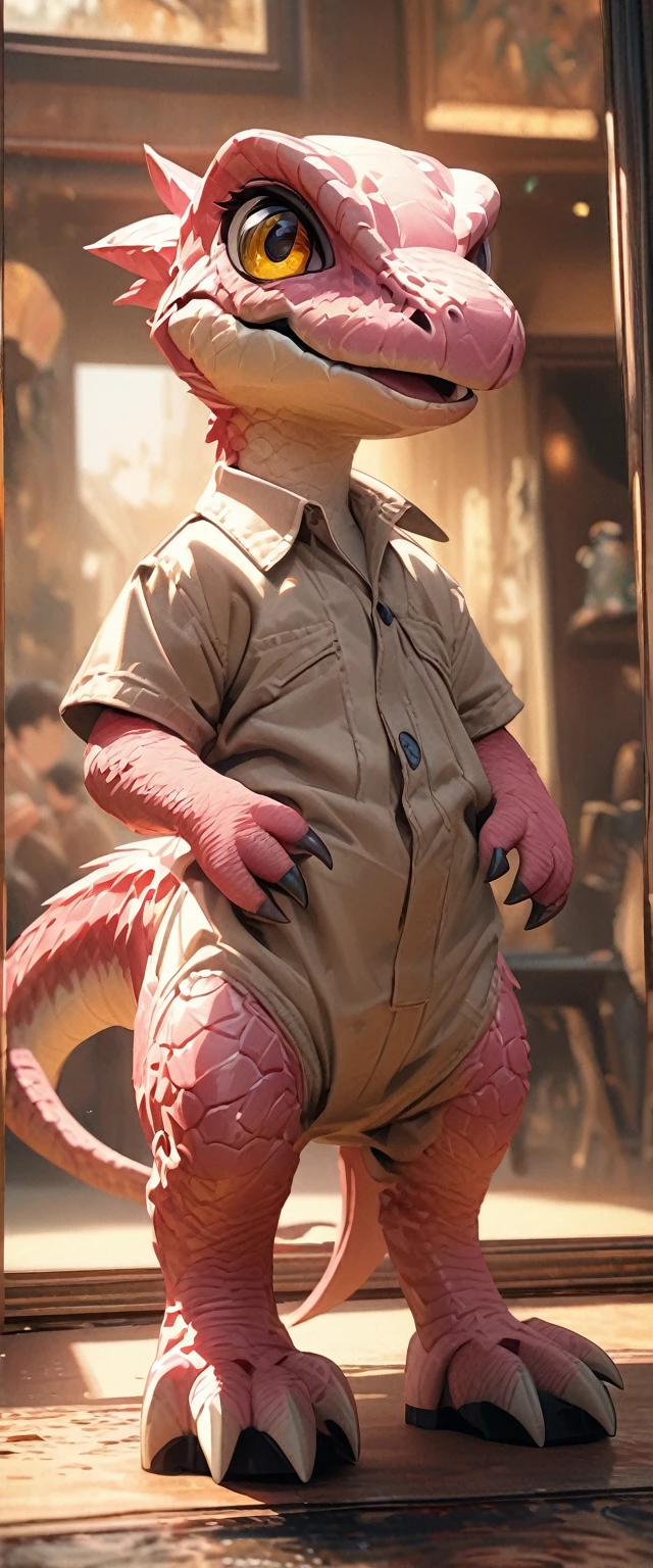 Full body portrait,Low Angle View,Pink velociraptor cub,Q version,Cute and adorable,Cartoon,Oil painting effect,Snapshot aesthetic style , Extreme detail,Rich details,OC Renderer,8K,Super Fine,Hyperrealism,masterpiece,Rich in details