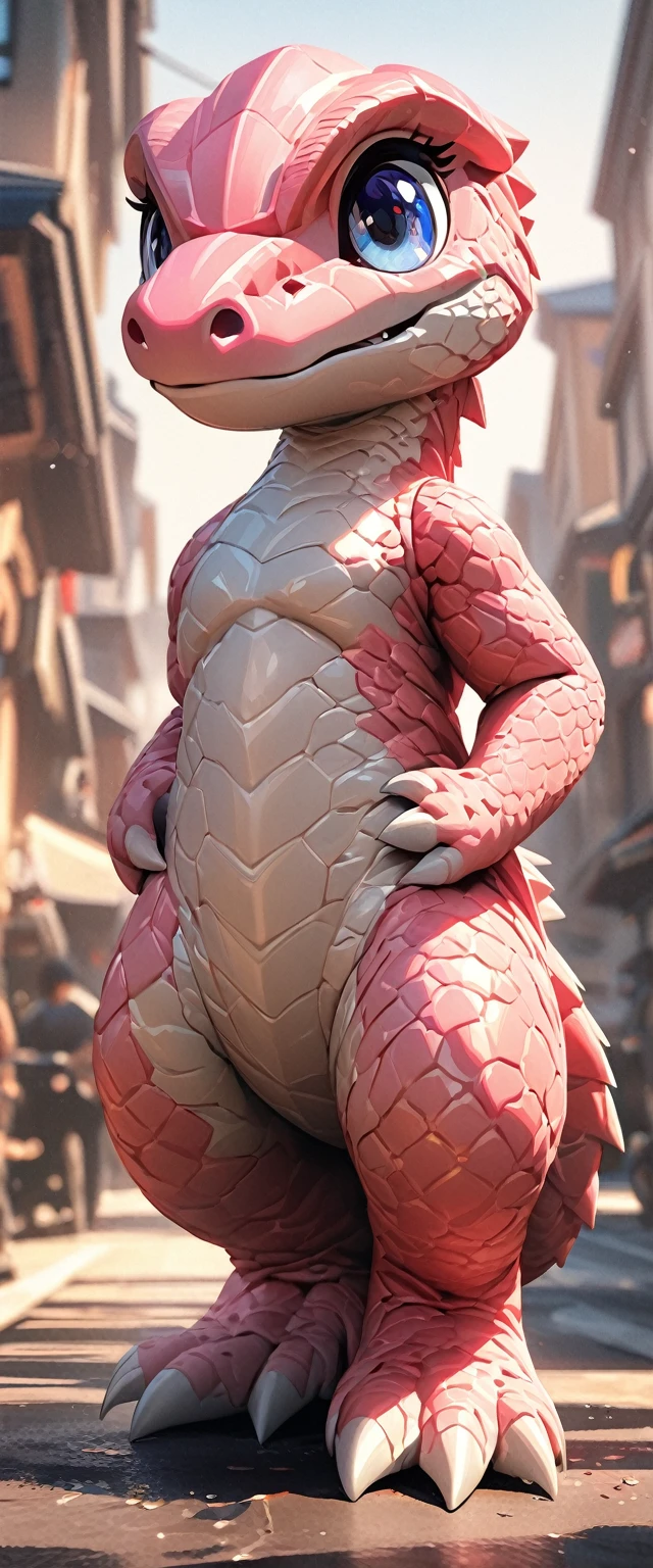 Full body portrait,Low Angle View,Pink velociraptor cub,Q version,Cute and adorable,Cartoon,Oil painting effect,Snapshot aesthetic style , Extreme detail,Rich details,OC Renderer,8K,Super Fine,Hyperrealism,masterpiece,Rich in details