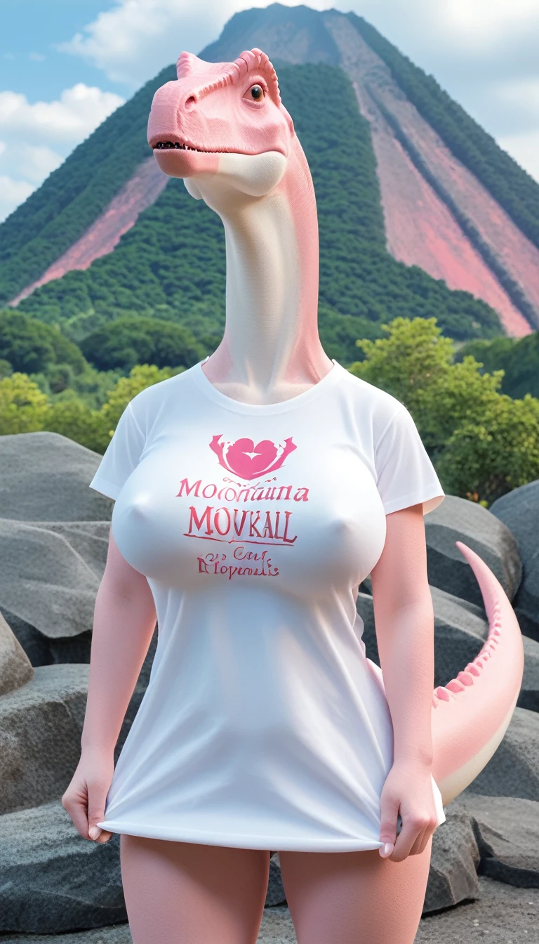 Cute pink dinosaur wearing a taut shirt,(No humans),E7E48U,whole body湿润,Large Breasts, Background volcano,whole body