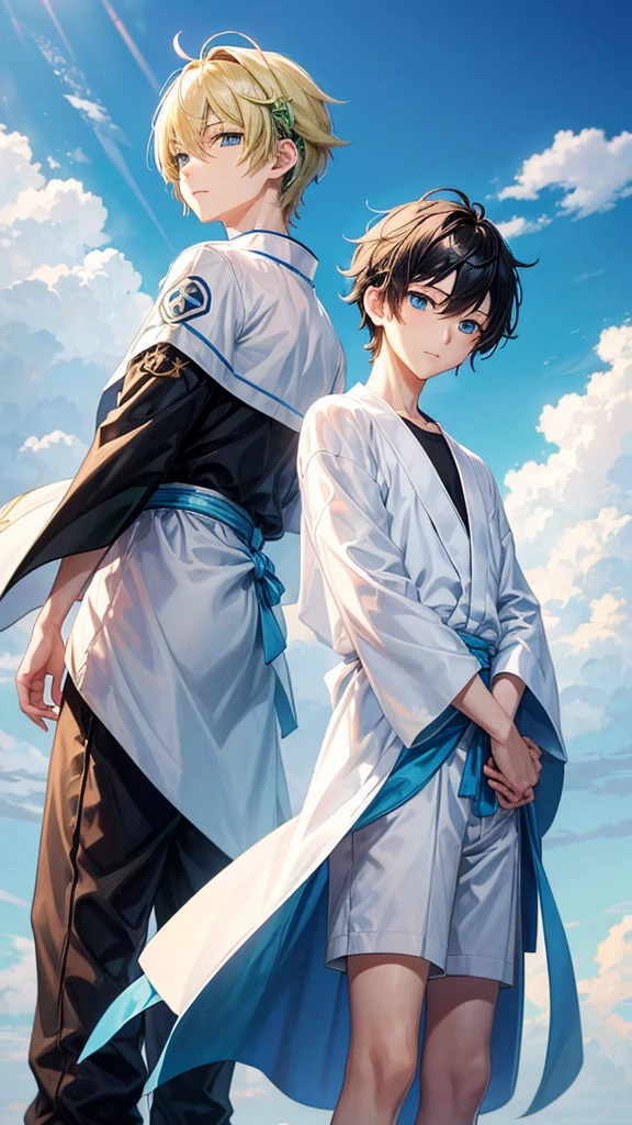 Young Ren and young Minato、Scene of standing on white clouds in a blue sky。

Behind them is blue々The clear sky background spreads out.。

Len has short hair and green eyes.、Wearing casual adventure clothing。

Minato has short black hair and blue eyes.、Wearing a white robe。