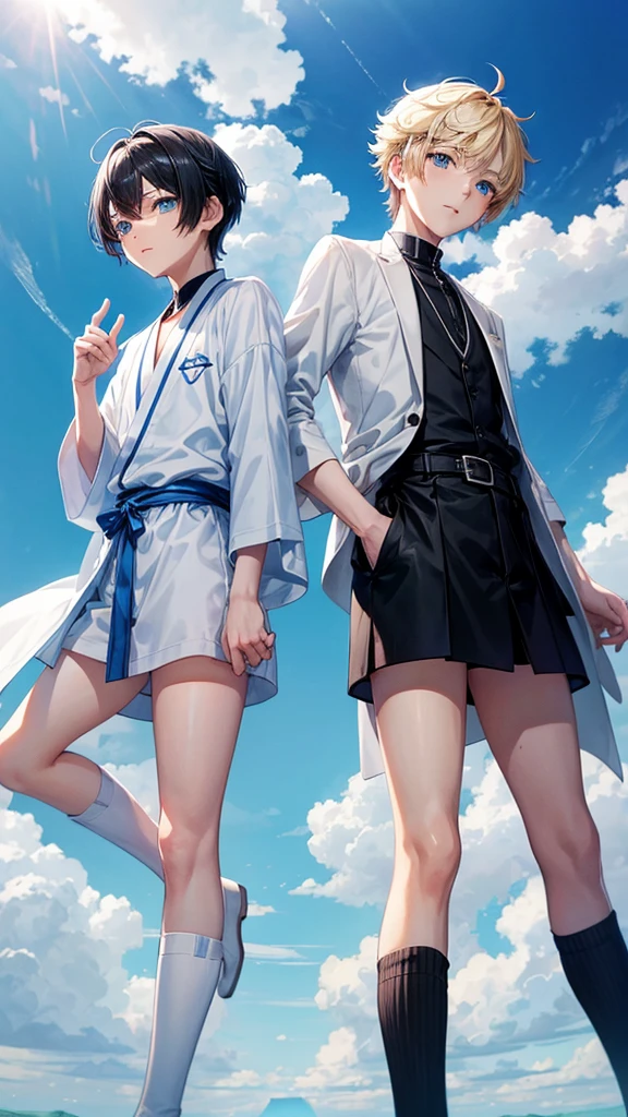Young Ren and young Minato、Scene of standing on white clouds in a blue sky。
Behind them is blue々The clear sky background spreads out.。
Len has short hair and green eyes.、Wearing casual adventure clothing。
Minato has short black hair and blue eyes.、Wearing a white robe。