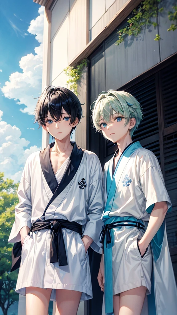 Young Ren and young Minato、Scene of standing on white clouds in a blue sky。

Behind them is blue々The clear sky background spreads out.。

Len has short hair and green eyes.、Wearing casual adventure clothing。

Minato has short black hair and blue eyes.、Wearing a white robe。