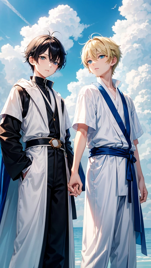 Young Ren and young Minato、Scene of standing on white clouds in a blue sky。
Behind them is blue々The clear sky background spreads out.。
Len has short hair and green eyes.、Wearing casual adventure clothing。
Minato has short black hair and blue eyes.、Wearing a white robe。