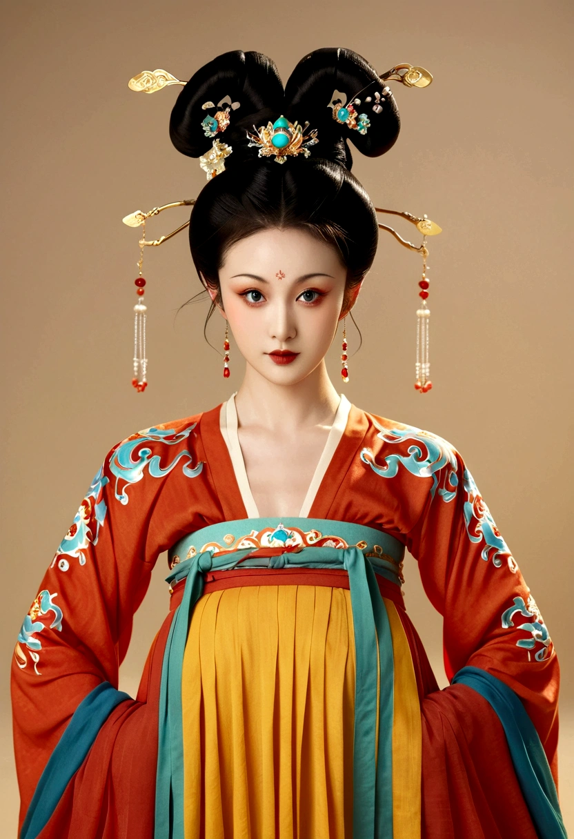 Beautiful girl portrait,Fairy,symmetry,Round Face,Bright Eyes,Smooth skin,Chinese Tang Dynasty Flag Costume,egotistical,High bun,Air bangs,Finger fan,Long flowing sleeves,Clean background
