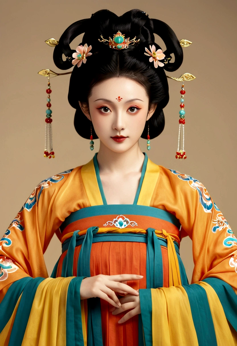 Beautiful girl portrait,Fairy,symmetry,Round Face,Bright Eyes,Smooth skin,Chinese Tang Dynasty Flag Costume,egotistical,High bun,Air bangs,Finger fan,Long flowing sleeves,Clean background
