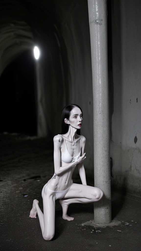 a woman, very thin body, body visible bones, very slender, pale white skin, sweaty wet body, panties, bra,tatto, full body, has a mental breakdown in an underground prison, kneeling