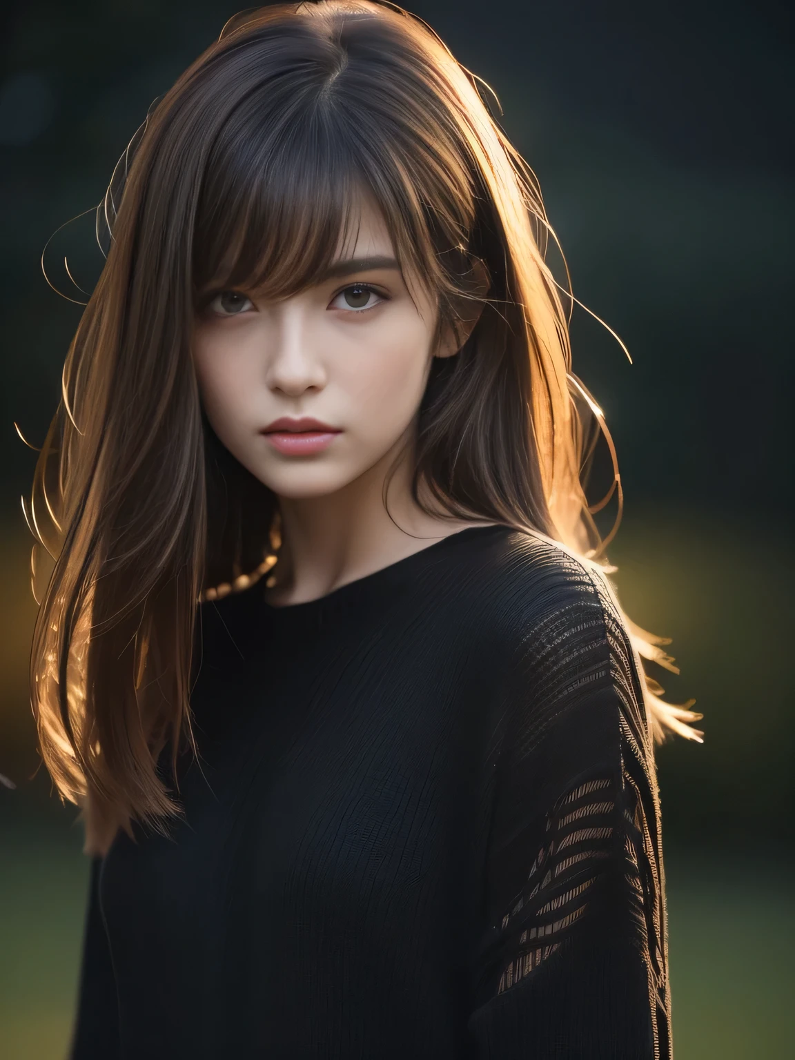 (Raw photo, Best Quality), (Realistic, Photorealsitic:1.4), masterpiece, extremely delicate and beautiful, Extremely detailed, 8k wallpaper, amazing, finely detail, extremely detailed CG Unity, hight resolution, (A dark park late at night), ((Dark background)), Sophisticated girl, black knit, loose clothes, hair messy, bangs, brown hair, modern, stylish,