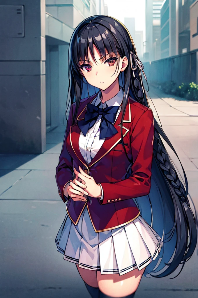 (masterpiece, best quality:1.4), (ultra detailed:1.4), super fine illustration, perfect anatomy, (official art:0.7), 
1girl,
Suzune Horikita, 
Suzune Horikita \(youjitsu\),
long hair, braid, 
black hair, 
red eyes, slant eyes, small eyes, 
blue bow, 
medium breasts, 
red jacket, long sleeves, white skirt, pleated skirt, black thigh-high socks, 
looking at viewer, 
cowboy shot, 
perfect light, background of outdoors, city, 