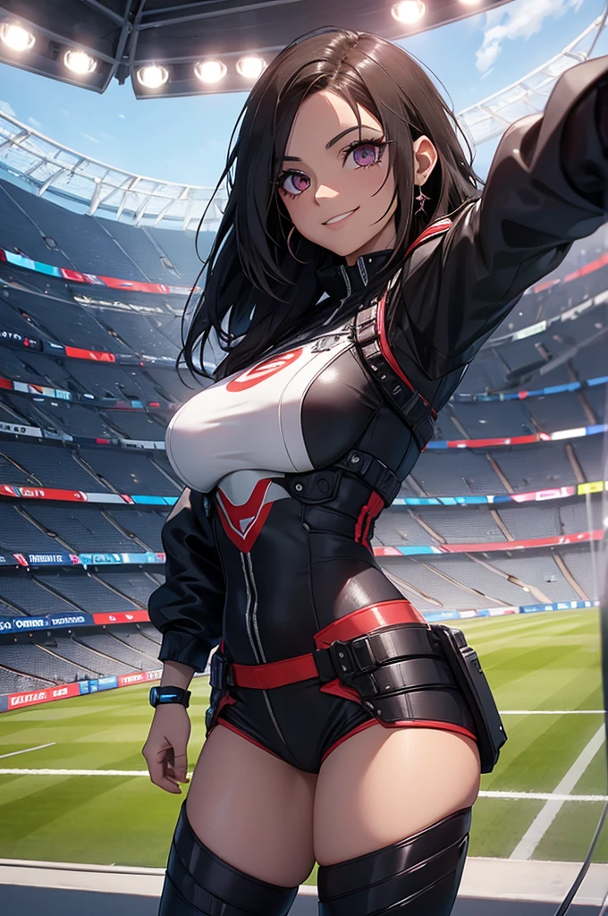 a selfie taken by Battle Angel Alita in a UEFA 2024 stadium while players are playing a match, big , cyberpunk, smiling, sexy