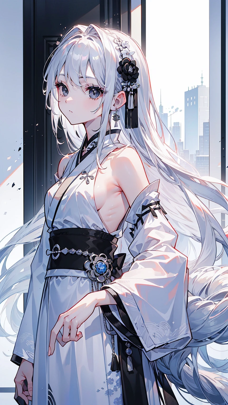 (Top image quality)、(Ultra Detailed)、(Facing forward)、top quality、masterpiece、(((1 girl)))、Silver Hair、white hair、((Long hair))、(black eyes:1.6)、(Hanfu)