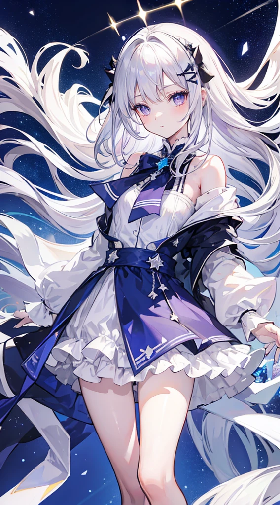 long silver-white hair and waist,stray hair curtain,two hair curtains,Dark purple eyes,high light,Dear students,a fancy turn,Like dancing,Dark blue sailor uniform off-shoulder dress,White bloomers show some.,light blue bow tie,crystal hairpin,Under the starry night sky,,chiquita,medium build,