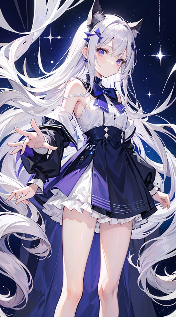 long silver-white hair and waist,stray hair curtain,two hair curtains,Dark purple eyes,high light,Dear students,a fancy turn,Like dancing,Dark blue sailor uniform off-shoulder dress,White bloomers show some.,light blue bow tie,crystal hairpin,Under the starry night sky,,chiquita,medium build,