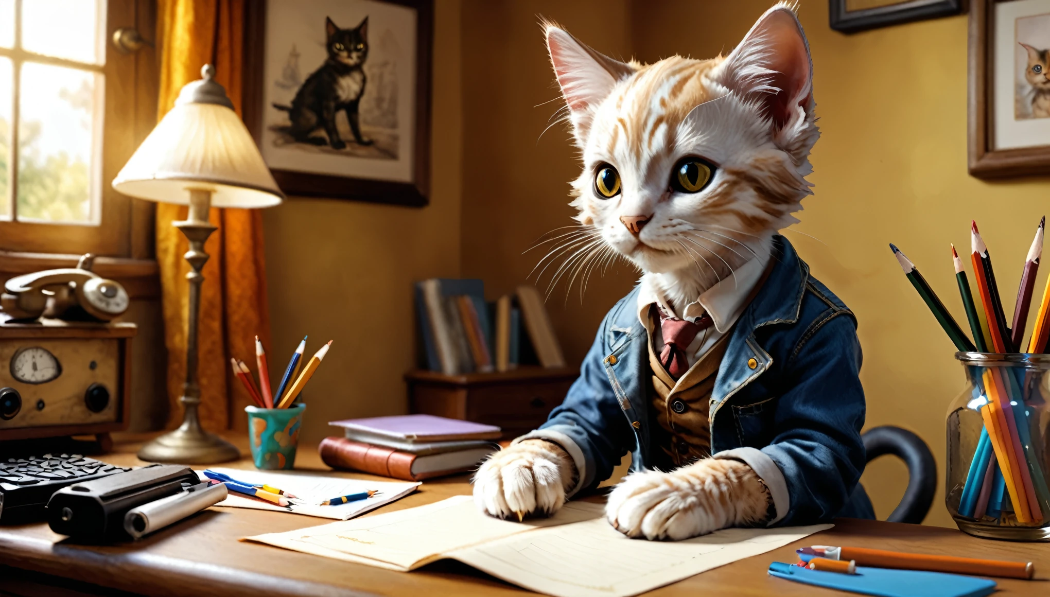 (photo film style), anthropomorphic, cute kitten, , in his room, studying, 2D, colorful, warm atmosphere, shiny, Jean-Baptiste Monge style, Alan Lee style