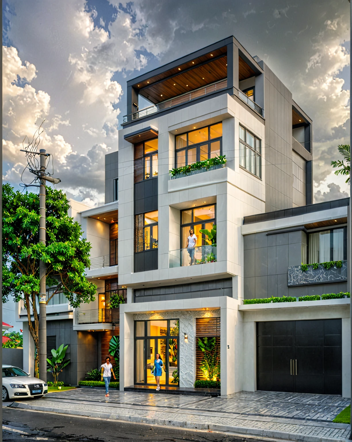 modern villa on street, (overcast lighting:1.2), tropical tree, vivid color, curve wall, streetcapes, nice sky, grey and wwhite tone, (large glass door:1.2), warm interior lighting, modern material, best quality, ultra realistic, masterpiece, 17ArchiAI_XL_VL-v1