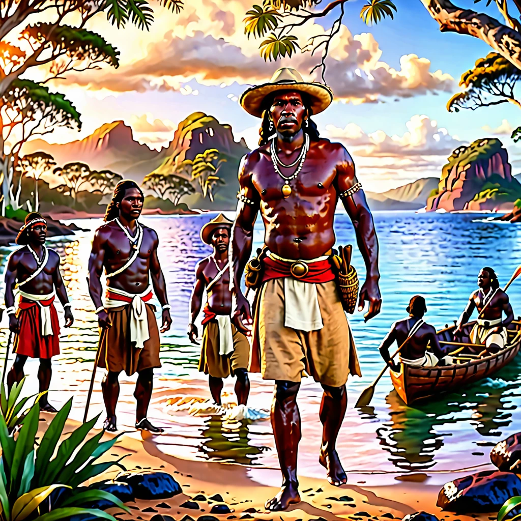 Australia in 1788 during the first colonization meeting, with indigenous Australians interacting with British settlers. Capture the scene with maximum quality and realistic style, highlighting coastlines and bays in a highly detailed landscape. Lighting should be soft and natural, reflecting the dawn sun on the water. Use 4K resolution to ensure sharpness, with a beautiful bokeh effect that subtly blurs the background to focus attention on the characters and details in the foreground. Add detailed textures to vegetation and water, as well as authentic facial expressions and clothing for both groups, creating an immersive and authentic atmosphere of this historical moment.
