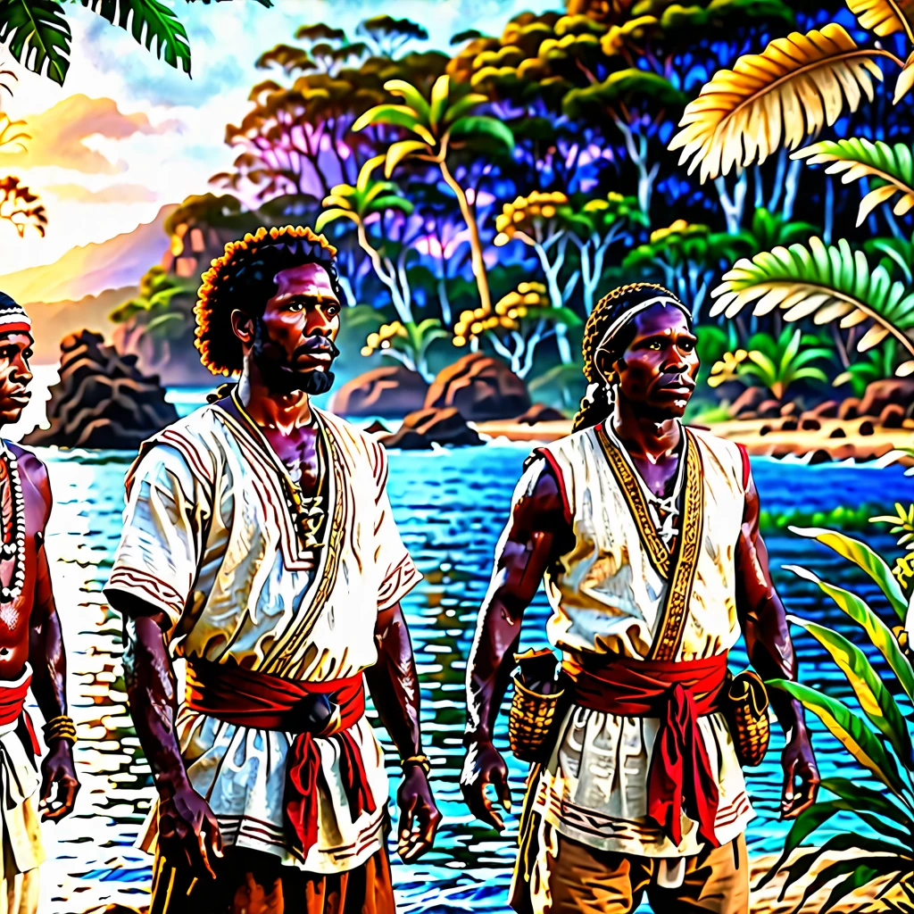 Australia in 1788 during the first colonization meeting, with indigenous Australians interacting with British settlers. Capture the scene with maximum quality and realistic style, highlighting coastlines and bays in a highly detailed landscape. Lighting should be soft and natural, reflecting the dawn sun on the water. Use 4K resolution to ensure sharpness, with a beautiful bokeh effect that subtly blurs the background to focus attention on the characters and details in the foreground. Add detailed textures to vegetation and water, as well as authentic facial expressions and clothing for both groups, creating an immersive and authentic atmosphere of this historical moment.