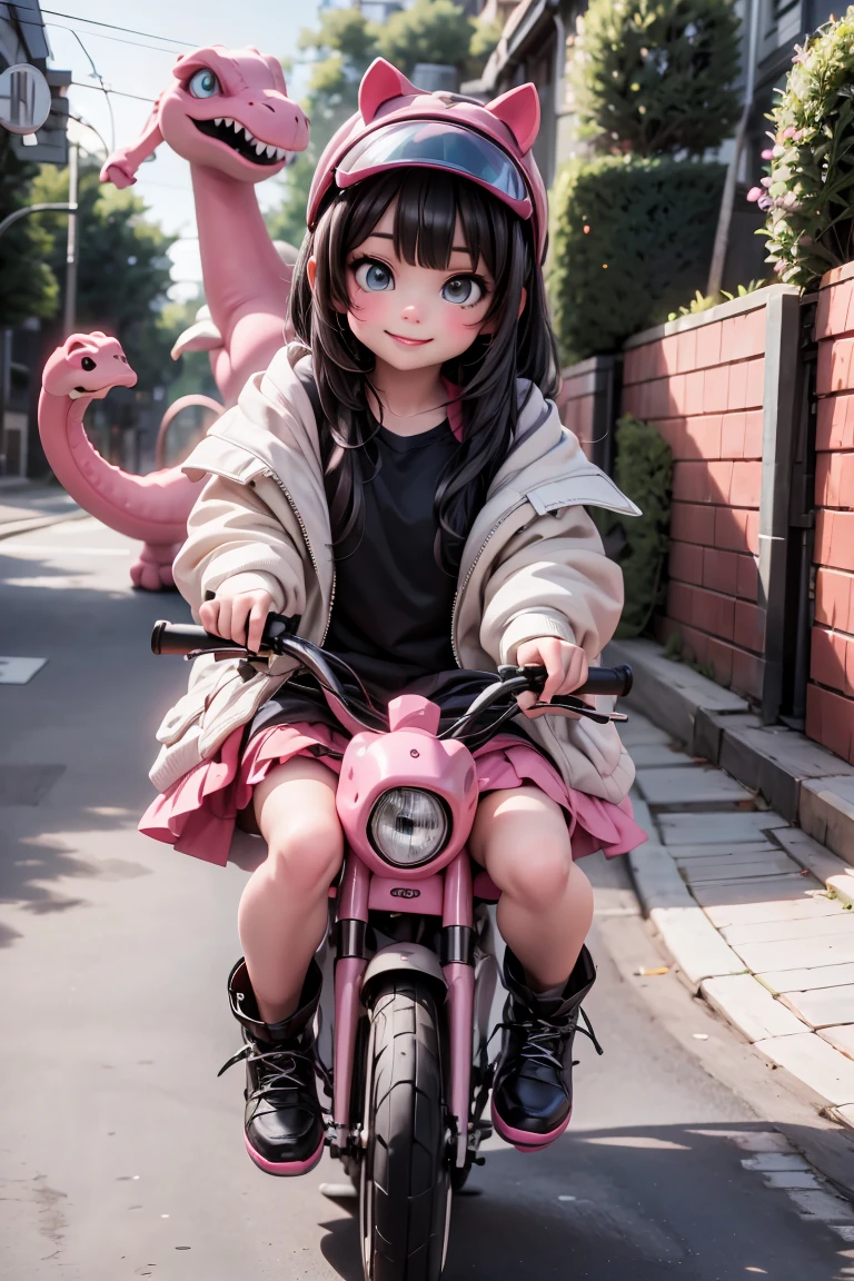a cute girl riding a pink dinosaur bike