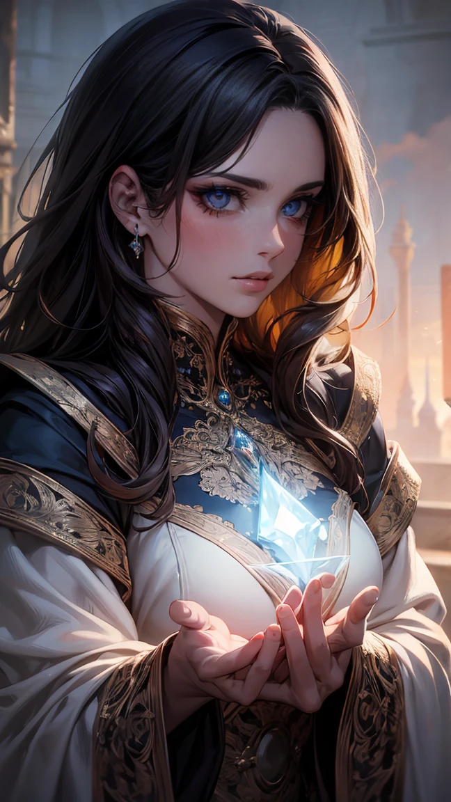 beautiful detailed eyes, beautiful detailed lips, extremely detailed eyes and face, long eyelashes, 1 girl, intricate detailed fantasy character, sorceress, witch, magic, arcane, mystical, flowing dress, ethereal, glowing, dramatic lighting, dark fantasy, moody, cinematic, dramatic colors, vibrant, digital painting, concept art, 8k, highly detailed, photorealistic, masterpiece