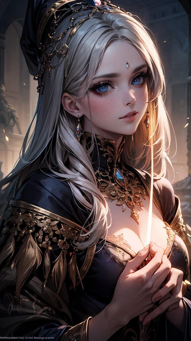 beautiful detailed eyes, beautiful detailed lips, extremely detailed eyes and face, long eyelashes, 1 girl, intricate detailed fantasy character, sorceress, witch, magic, arcane, mystical, flowing dress, ethereal, glowing, dramatic lighting, dark fantasy, moody, cinematic, dramatic colors, vibrant, digital painting, concept art, 8k, highly detailed, photorealistic, masterpiece