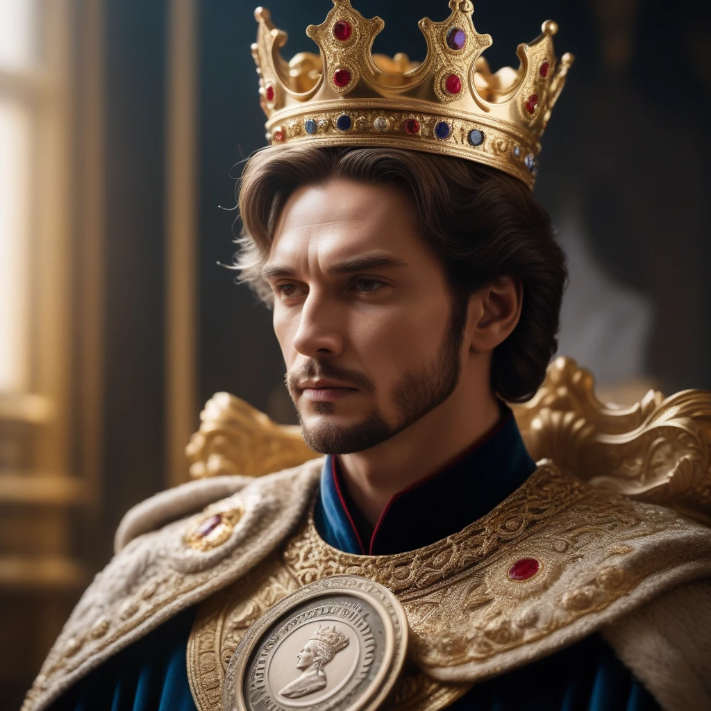 The king holds a coin with his image, cinematic photo analog style portrait of an very detailed portrait of (((oh man))) like an elegant king, Ornate Crown, beautiful symmetrical face, artstation, Clear Focus, beautiful lighting, detailed and fantasy . movie Уэса Андерсона, кадр из movieа Стэнли Кубрика, 35mm photography, movie, hips, professional, 4K, very detailed, next to it is a coin with the image of the king’s profile, image of the king on the coin in profile