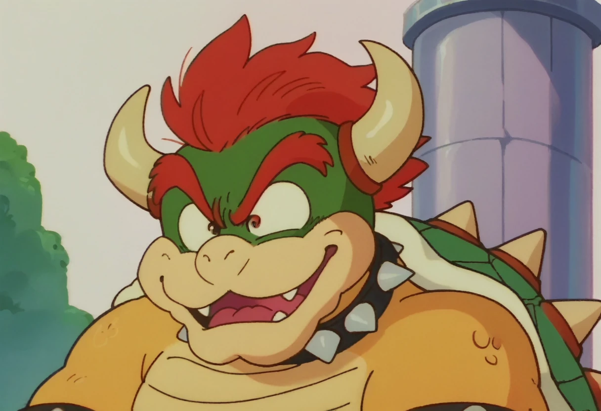 anime screencap,drgbls1, solo, Bowser, male,score_9, score_8_up, score_7_up, score_6_up.castle, upper body,smile,