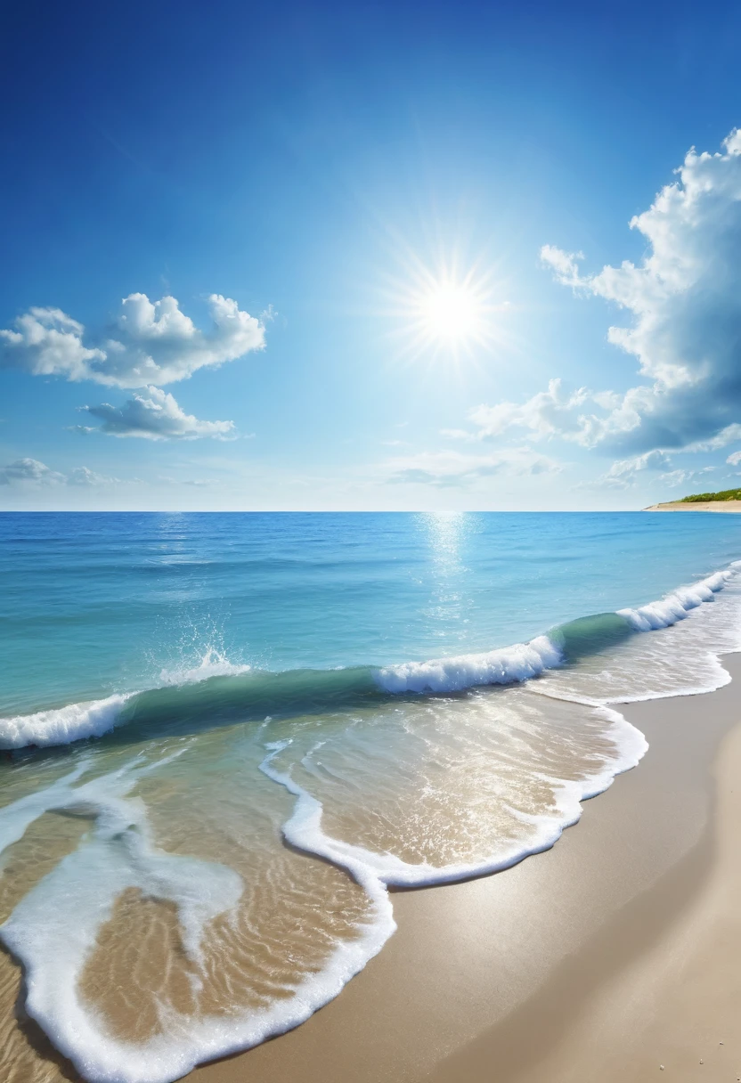 Summer, the beach, the sun, the sand, blue sky, the sea, calm ambiance, relaxing moment, hight detail, resloution 4k