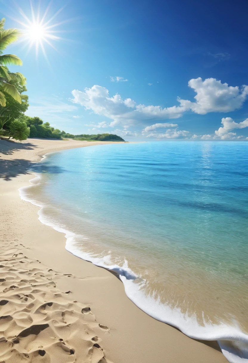 Summer, the beach, the sun, the sand, blue sky, the sea, calm ambiance, relaxing moment, hight detail, resloution 4k