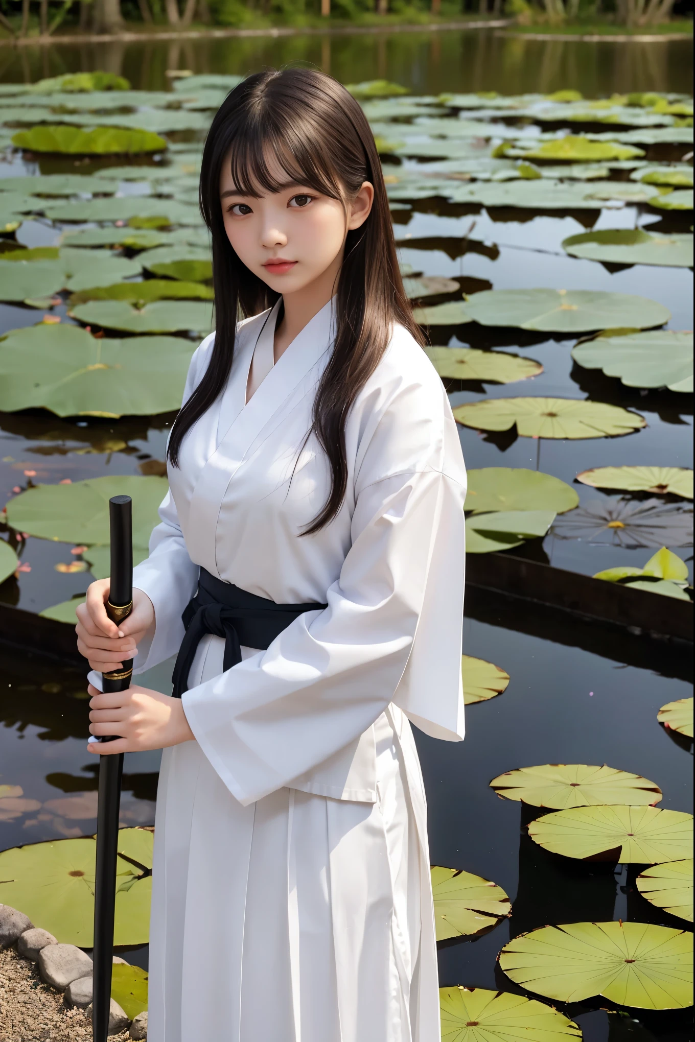 A young woman, holding a Japanese sword, wearing a white shirt and Japanese hakama, the shadow of the moon, the wind, the light of the night, a large pond with lotus flowers, she is standing on a bridge over the pond. Very fantastic, she is the focus, the surroundings are a bit blurred, masterpiece, high resolution.