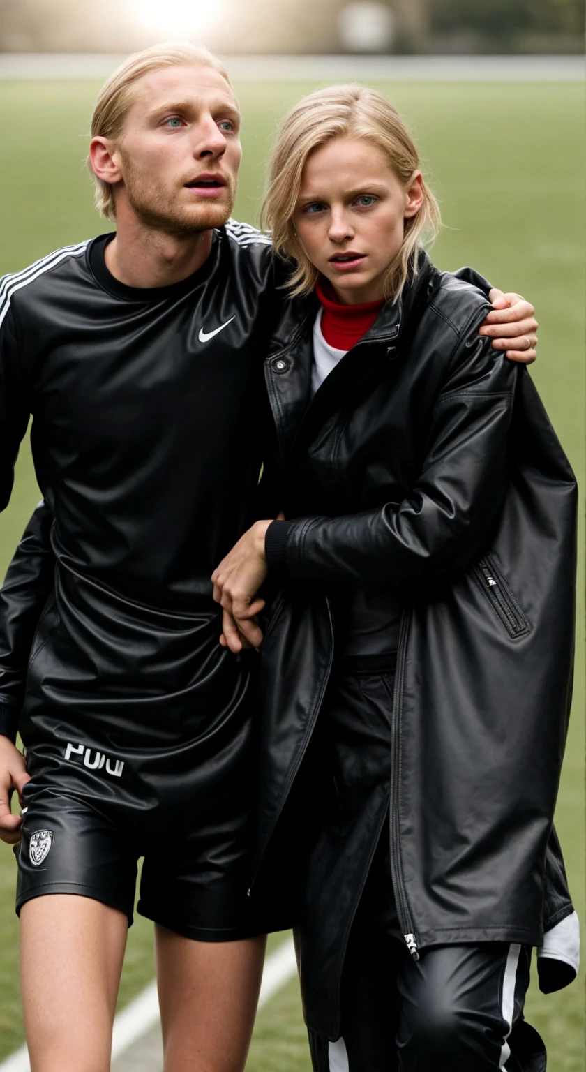 an injured soccer player needs support, a blond woman supports an injured soccer player in walking, he is really collapsing with pain, he is really fainting, she is holding him up, he is hanging on her shoulder, they are standing very close together, his hand is lying on her shoulder, arm-in-arm, she has her hand around his waist, she is wearing shiny leather pants, she is grabbing his waist, a man in a white tanktop, a shorthaired blond man, a girl in shiny leather pants, a shorthaired blond man in a white tanktop, a brownhaired woman with a very desperate facial expression, a brownhaired woman in a high shine blue and red nylon-coat, there is a young couple standing arm-in-arm, there is a brownhaired attractive woman wearing a high-shine nylon-coat, a wetlook nylon-coat, a brownhaired woman is crying with sorrow, a brownhaired woman is holding an injured shorthaired boy, there is a boy in jeans and tanktop hugging a brownhaired woman that is wearing a very shiny padded laquered coat, a shorthaired blond boy has a painful face and cannot walk, there is a brownhaired girl giving support to an injured shorthaired boy, a wounded blond and shorthaired boy cannot walk and has to be supported by a girl, he grabs her shoulder, he has his arm around her shoulder, his hand is on her shouder, a sad looking girl ia carrying a wounded boy, masterpiece, jeans, boy in a white cotton tanktop, super detailed background, detailed face, brown eyes, crying out, tears, desperation, pain, agony, accident pose, dramatic suffering pose, hands detailed hands