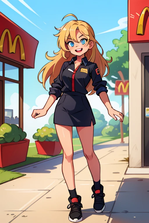 1 girl working at McDonalds, tanyadegurechaff, Blue eyes, (blond hair), (spiky hair), standing, looking at the viewer, straight, crazy eyes, Crazy smile, McDonalds black uniform, McDonald&#39;s hat&#39, headphones, (Alone:1.1),