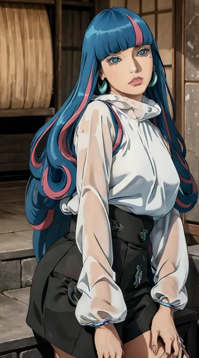 eida, long hair, bangs, blue eyes, very long hair, blue hair, pink hair, multicolored hair, earrings, blunt bangs, two-tone hair, streaked hair, beautiful, beautiful woman, perfect body, perfect breasts, wearing a kimono, showing shoulders, wearing earrings, wearing a watch, being in the garden, cherry trees, traditional Japanese house, looking at the viewer, a slight smile, realism, masterpiece, textured leather, super detailed, high detail, high quality, best quality, 1080p, 16k, showing shoulder