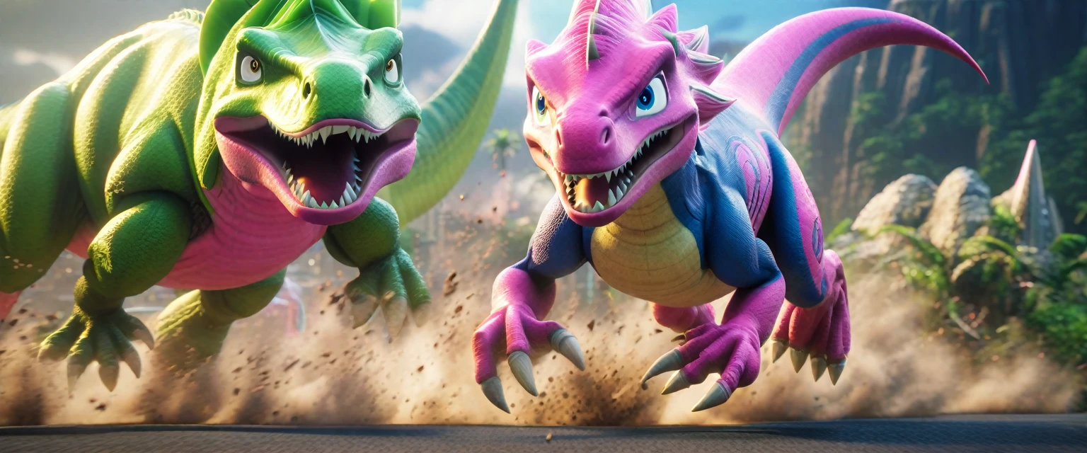 score_9, score_8_up, score_7_up, source_anime, detailed, 8k, cinematic angle, rating safe, wide shot, A pink dinosaur and a green dinosaur are fighting wild,cloud of dust,sonic boom,
