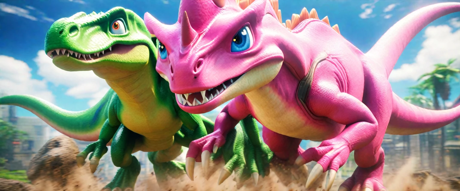 score_9, score_8_up, score_7_up, source_anime, detailed, 8k, cinematic angle, rating safe, wide shot, A pink dinosaur and a green dinosaur are fighting wild,cloud of dust,sonic boom,