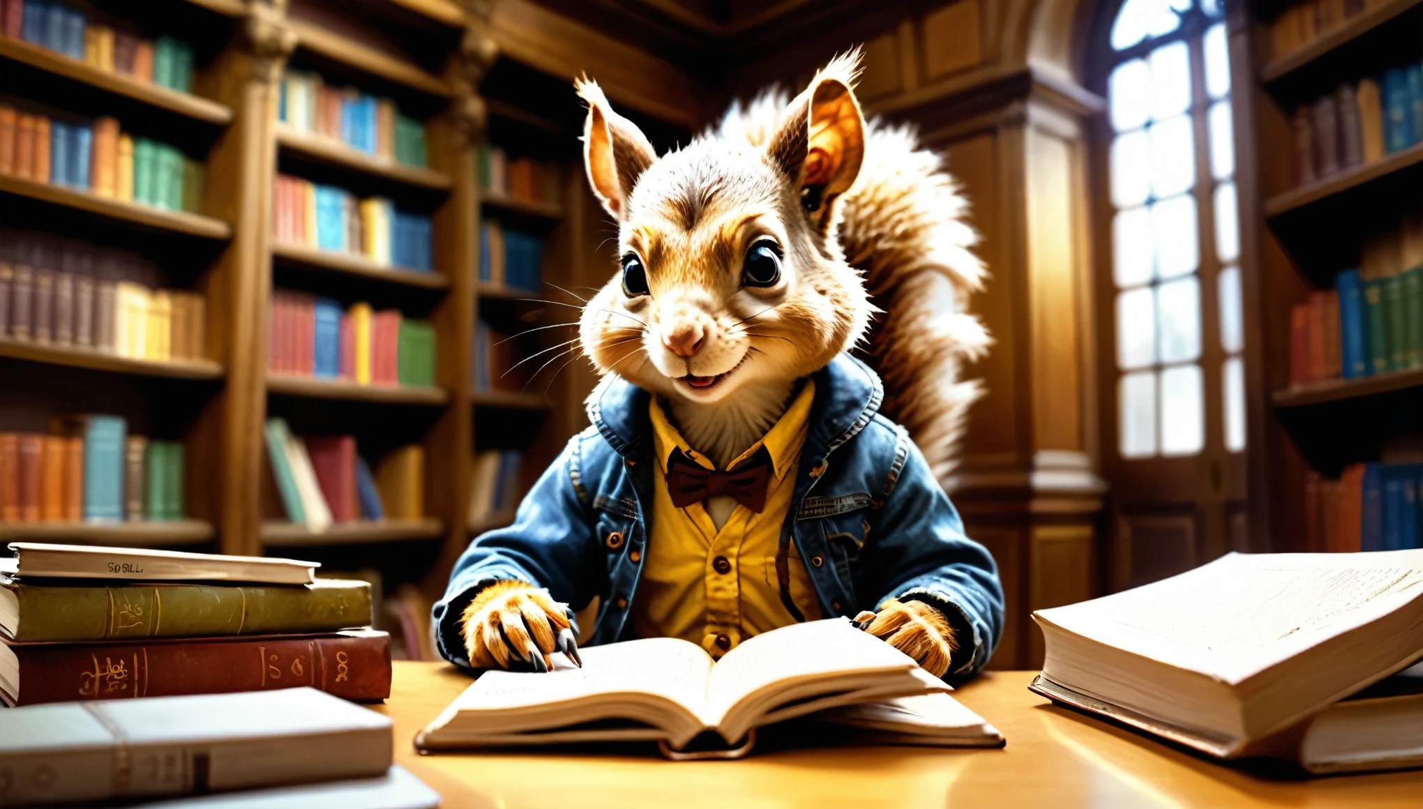 (photography film style), anthropomorphic, cute little squirrel, , library, studying, 2D, colorful, warm atmosphere, shiny, Jean-Baptiste Monge style, Alan Lee style