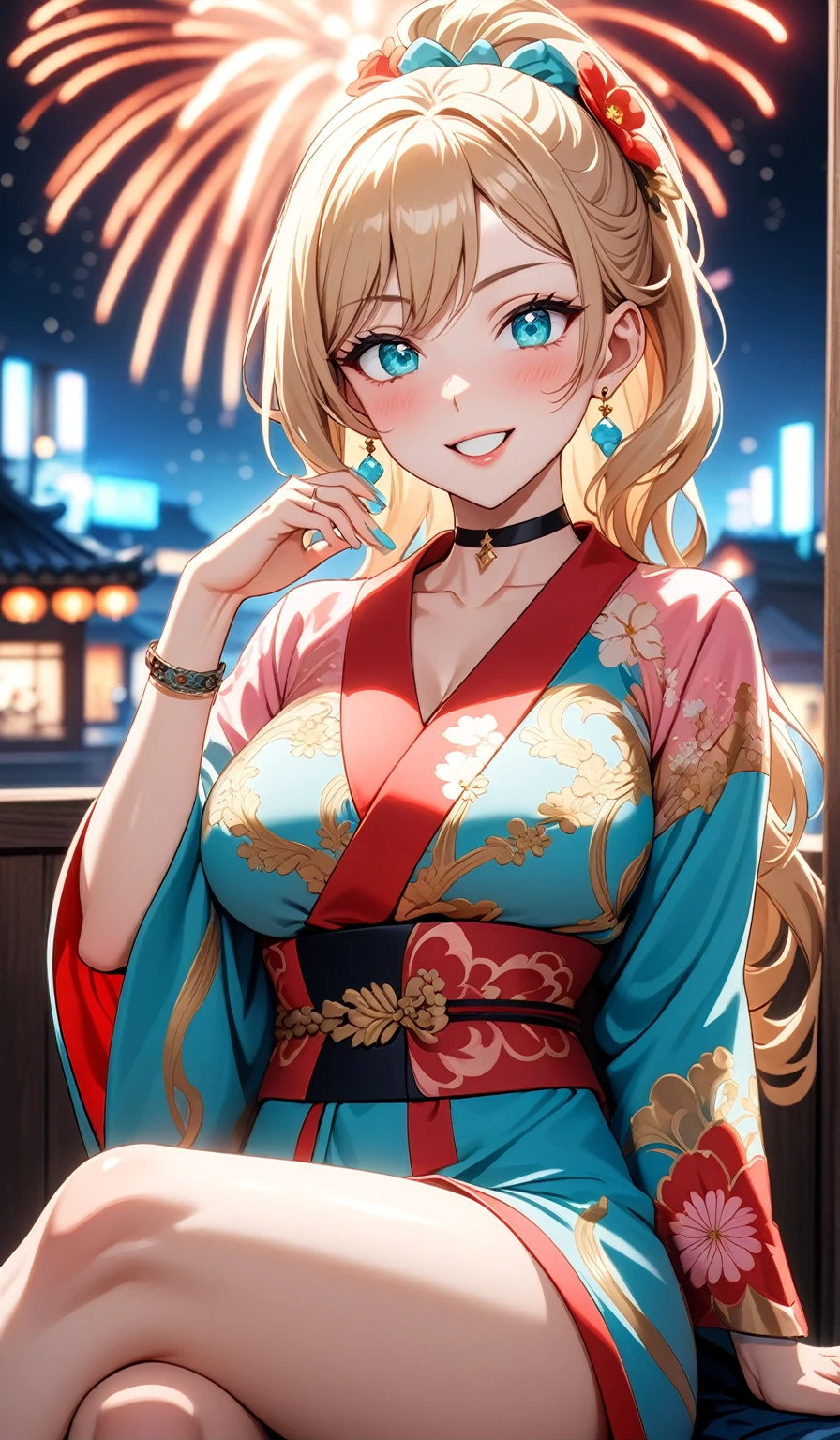 ((One personの女性)), Beautiful Face,(Laughing embarrassedly), (naughty face:1.2), (Wink:1.9), Laughing with your mouth open, upper teeth, ((Bright red cheeks:1.4)),Glossy pink lips, ((crossed legs:1.4)), (panty shot), looking down at viewer,Touching hair with hands,looking at viewer,Shining Face, rooftop, Festival decorations, firework, ((Anime style background)),masterpiece, Highest quality, so beautiful,up to date, Complex details, (Pink long nails),(ring),(bracelet),(choker),AI-generated, Complex,High resolution, Highest quality, super high quality,3D Images、3D Images,One person,Long blonde hair,ponytail, wavy hair ,Anime woman posing for a photo, ((Fine grain、Turquoise Eyes、Shining Eyes:1.3)), (Squint your eyes:1.1),a hyperRealistic , hyperRealistic , Realistic,Anime woman with long white hair, Smooth anime CG art, A woman in a colorful kimono with gold embroidery, (Pink long sleeve kimono),Red floral pattern,Long flower hair ornament,Earrings,Mature Body,(Big Breasts:1.1),Tall,Abdominal muscles,Tight waist,(Zoom up to face:1.2), (front side),