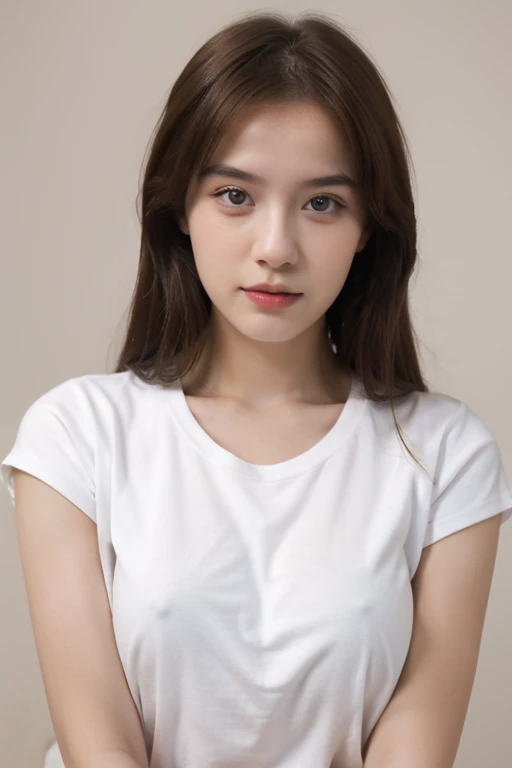 ((best quality)), ((masterpiece)), (detailed), a Rusian girl wearing plain white t-shirt for mock up, photo portrait, white background