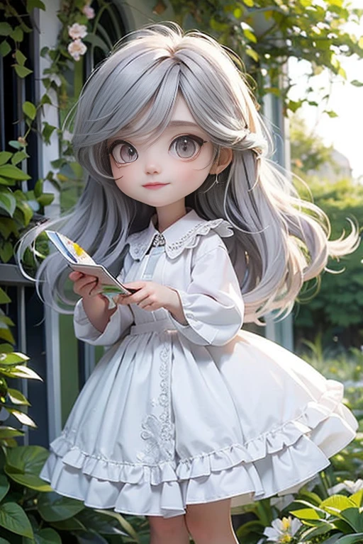 Beautiful bird woman, grey hair , painter, enchanted garden, chibi
