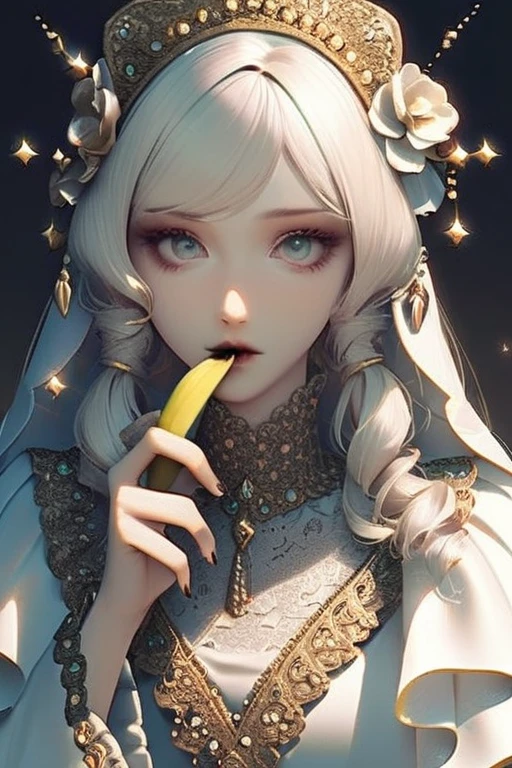 ((Лучшее качество)), ((шедевр)), (подробный), a girl in lace eats a banana