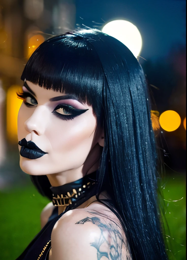 (masterpiece,detailed,highres:1.4) , model shot, close up, detailed face, fine detailed eyes, The most beautiful gothic girl in the world, ((long black hair with fringe, goth makeup)), ((hot Body)), form fitting clothing, pantyhose, ((dark cemitery background, night, under The moonlight)), gothic theme, gothic clothing, natural lighting. UHD, accurate, textured skin, super detail, high details, high quality, highres, 1080P, 4K