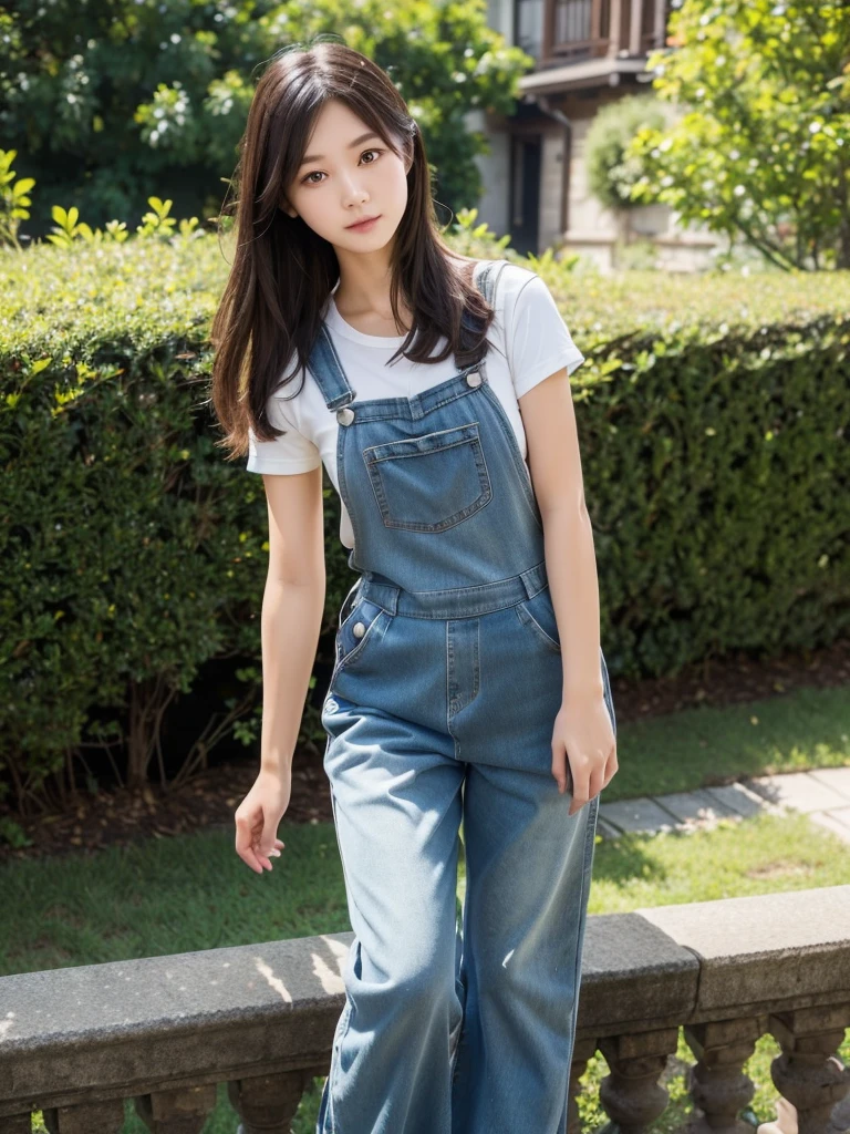 Silk overalls dress、(Highest quality)、((Very detailed))、4K、(8K)、masterpiece、Very detailedな、Highest quality、Super Resolution、1 person、Kind Face、Soft Light、RAW quality、Soft Skin、163cm、Garden Terrace、Thighs
