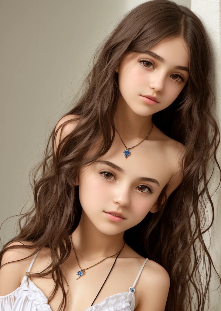 1girl 13 year old, solo, long hair, small breasts, looking at viewer, brown eyes, jewelry, necklace, off shoulder, , skinny, lips, realistic, nose, flirting with camera, cleavage, perfect eyes